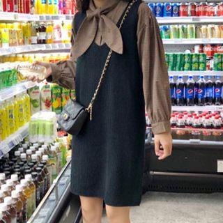 Set: Bow Accent Long-sleeve Blouse + Knit Pinafore Dress