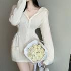 Long-sleeve Sailor Collar Knit Mini Dress White - One Size