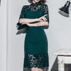 Lace Panel Elbow-sleeve Sheath Dress