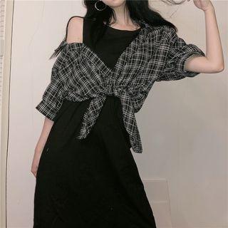Mock Two-piece 3/4-sleeve Plaid Paneled Dress Black - One Size