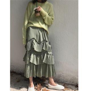 Accordion Pleated Ruffle Tiered Midi Skirt