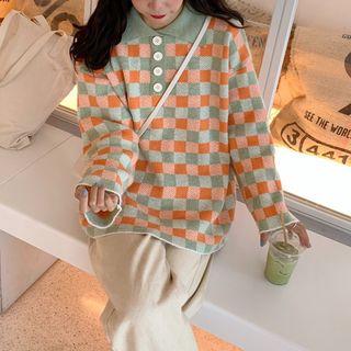 Plaid Polo-neck Sweater Green - One Size