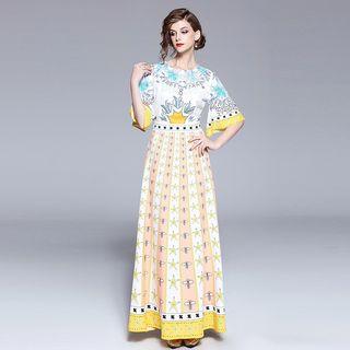 Printed Elbow Sleeve Maxi Dress
