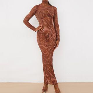 Long Sleeve Printed Ruffled-trim Mesh Long Dress