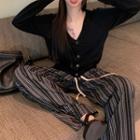 Plain Cardigan / Striped Wide Leg Pants