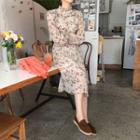 Frill-collar Floral Midi Chiffon Dress Beige - One Size