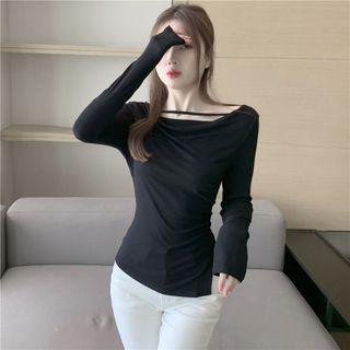 Long-sleeve Draped Slit Fitted T-shirt