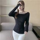 Long-sleeve Draped Slit Fitted T-shirt