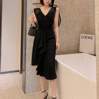 Ruffled V-neck Sleeveless Ruffle Hem Midi Sheath Dress