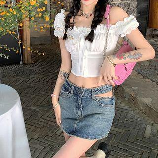 Off-shoulder Plain Top / Denim Skirt