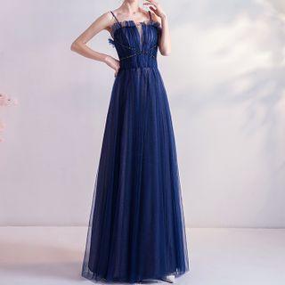 Spaghetti Strap Overlay A-line Evening Gown