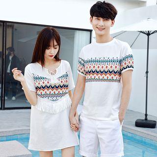 Couple Matching Patterned Short Sleeve T-shirt / Fringed Short Sleeve Dress