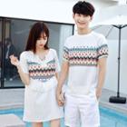 Couple Matching Patterned Short Sleeve T-shirt / Fringed Short Sleeve Dress
