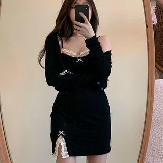 Spaghetti Strap Lace Trim Mini Bodycon Dress / Cropped Cardigan