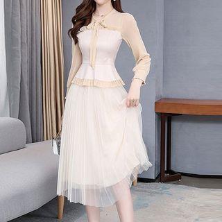 Set: Long-sleeve Bow-neck Blouse + Mesh Midi A-line Skirt