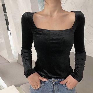 Square-neck Long-sleeve Velvet Top