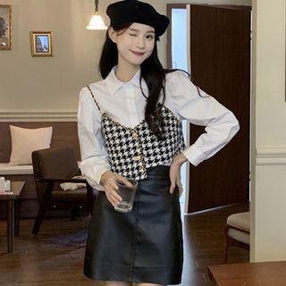 Plain Shirt / Houndstooth Camisole Top / Faux Leather Skirt