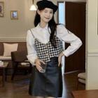 Plain Shirt / Houndstooth Camisole Top / Faux Leather Skirt