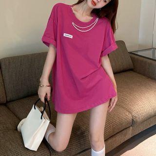Short-sleeve Faux Pearl Accent T-shirt