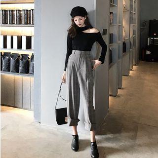 Cutout Long-sleeve Slim-fit Top / Plaid High-waist Crop Pants