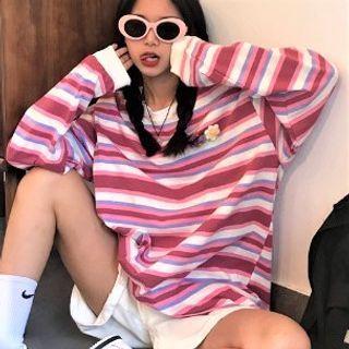 Long-sleeve Striped T-shirt Red & White & Pink - One Size