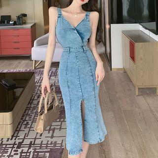 Sleeveless Slit Denim Midi Sheath Dress
