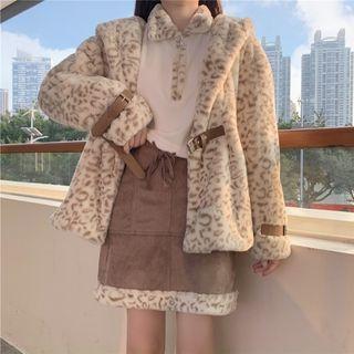Leopard Print Fleece Coat / Polo Sweatshirt
