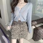 Cropped Pointelle Knit Cardigan / Leopard Print Mini A-line Skirt