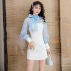 Mesh Panel Ribbon Long-sleeve Mini Sheath Dress