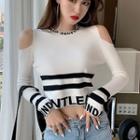 Long-sleeve Lettering Cutout Cropped Knit Top