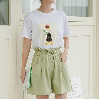 Flower Print Short-sleeve T-shirt / High-waist Shorts / Set
