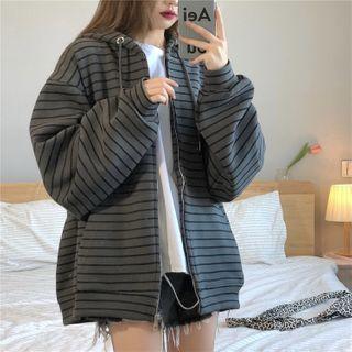 Striped Zipped Hooded Jacket Dark Gray - One Size