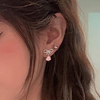 Set Of 4: Bow / Heart Rhinestone Alloy Earring (various Designs) Set Of 4 - Silver Stud - Pink - One Size