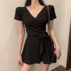 Short-sleeve Wrap Top / A-line Skirt