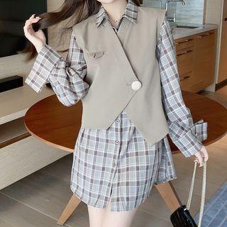 Set: Check Shirtdress + Plain Vest