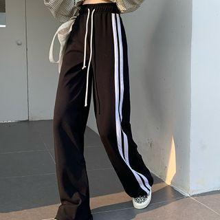 High-waist Drawstring Striped Wide-leg Pants