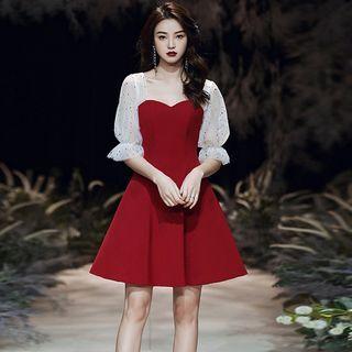 Elbow-sleeve Glitter Mesh A-line Mini Dress