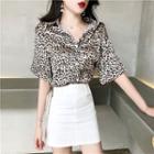 Leopard Print Elbow-sleeve Shirt / Denim Skirt