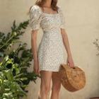 Floral Print Square Neck Puff Sleeve A-line Dress