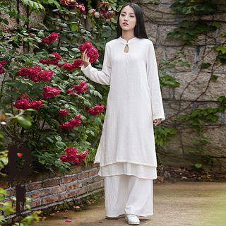 Long-sleeve Keyhole-front Layered Dress