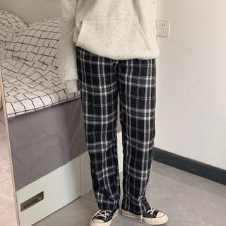 High-waist Plaid Straight Cut Pants Black - One Size
