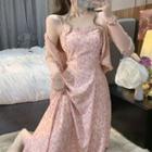 Ribbed Knit Cardigan / Spaghetti Strap Floral Midi A-line Dress