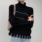 Plain Turtle-neck Fringed Long-sleeve Sweater