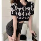 Short-sleeve Collar Argyle Knit Crop Top / Denim Mini Pencil Skirt