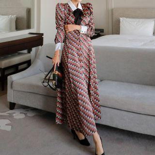 Set: Bow Tie + Long-sleeve Patterned Maxi A-line Dress