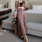 Set: Bow Tie + Long-sleeve Patterned Maxi A-line Dress