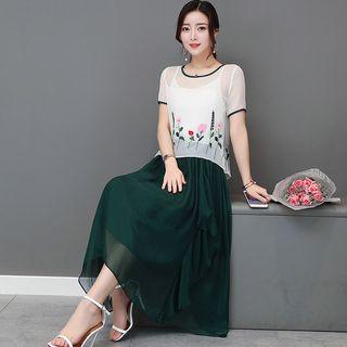 Set: Floral Embroidered Short-sleeve Top + Strappy A-line Midi Dress