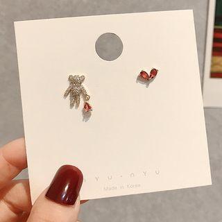 Non-matching Rhinestone Heart & Bear Earring 1 Pair - E1635 - Gold - One Size