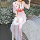 Contrast Trim Elbow-sleeve A-line Hanfu Dress