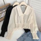 Long-sleeve Collared Cropped Frill Trim Blouse